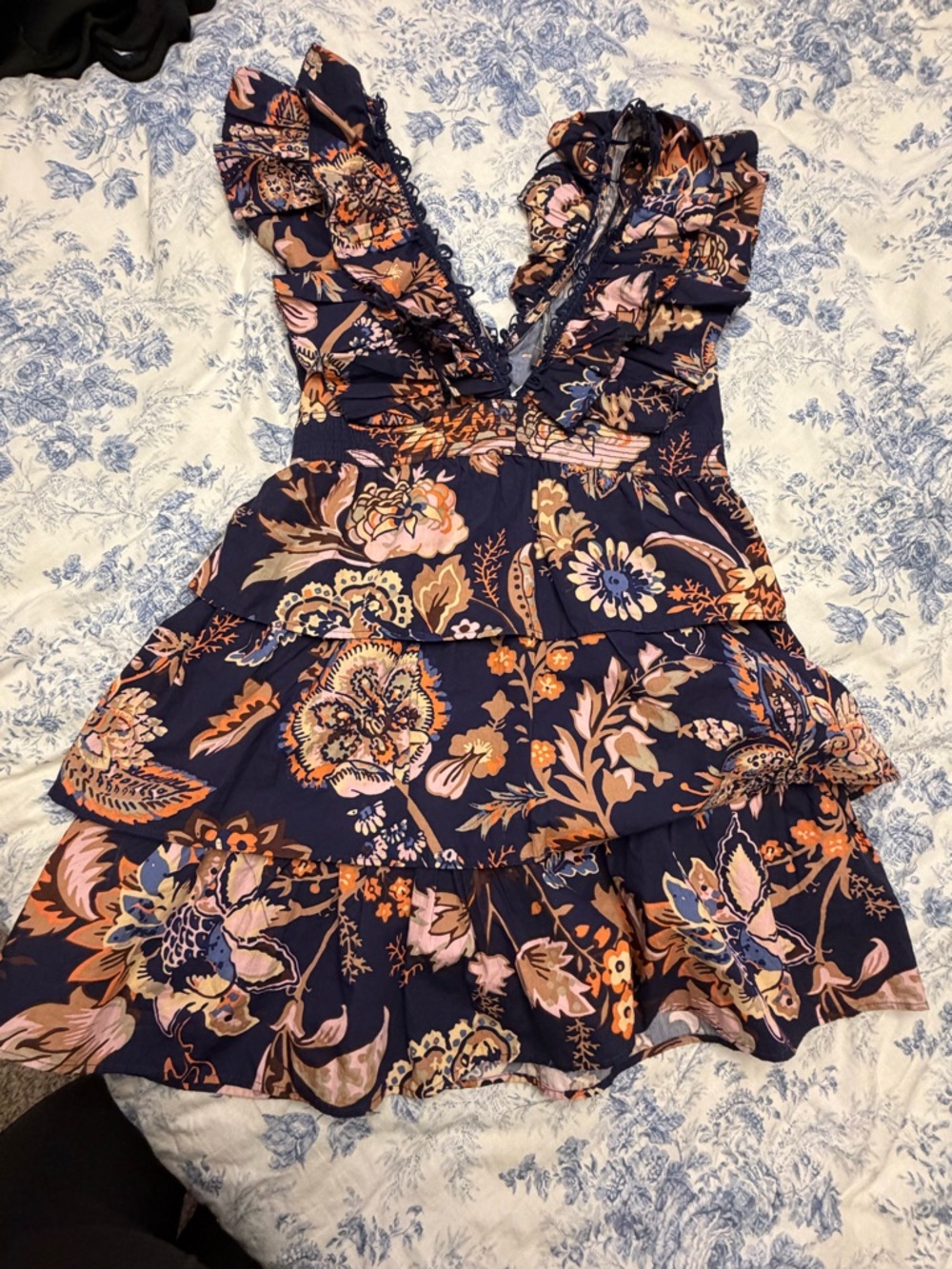 Anthropologie Navy Floral Ruffle Tiered Mini Dress